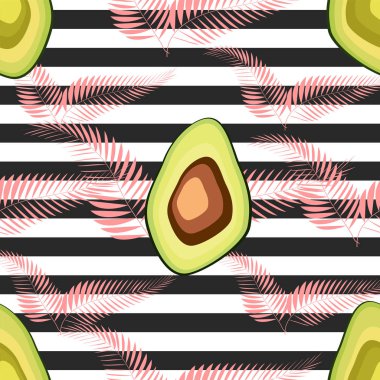 Taze avokado ile dikişsiz desen, el çizilmiş fon. Renkli illüstrasyon, çiğ gıda. Sebzelerle örtüşen arka plan.