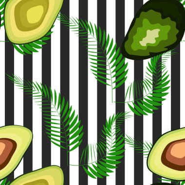 Taze avokado ile dikişsiz desen, el çizilmiş fon. Renkli illüstrasyon, çiğ gıda. Sebzelerle örtüşen arka plan.