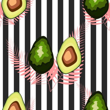 Kaplan çizgileri ve tropikal yaprakları ile dikişsiz desen. Avokado ile Desen