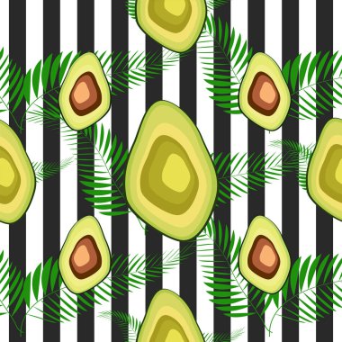 Çizgili bir arka plan üzerinde palmiye yaprakları ile avokado meyve Dikişsiz desen