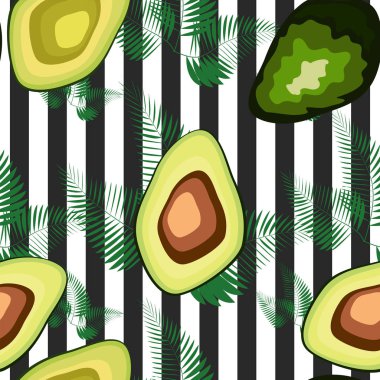 Taze avokado ile dikişsiz desen, el çizilmiş fon. Renkli illüstrasyon, çiğ gıda. Sebzelerle örtüşen arka plan.