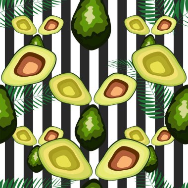 Kaplan çizgileri ve tropikal yaprakları ile dikişsiz desen. Avokado ile Desen