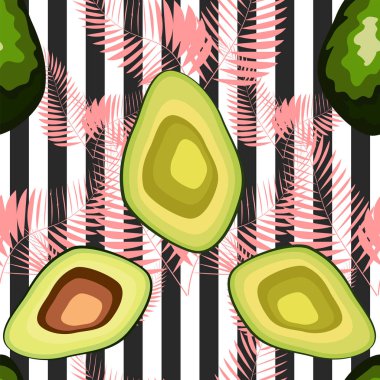 Taze avokado ile dikişsiz desen, el çizilmiş fon. Renkli illüstrasyon, çiğ gıda. Sebzelerle örtüşen arka plan.