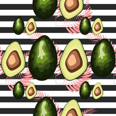 Avokado ile dikişsiz desen. Kaplan çizgileri ve tropikal meyve ve yaprakları ile Dikişsiz desen.