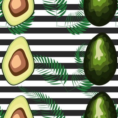 Avokado dikişsiz desen. Çizgili arka planda olgun sebzeler. Sağlıklı gıda baskı.