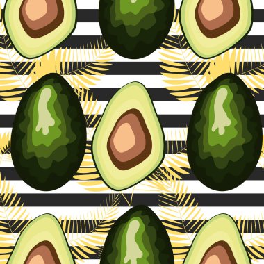 Çizgili bir arka plan üzerinde palmiye yaprakları ile avokado meyve Dikişsiz desen