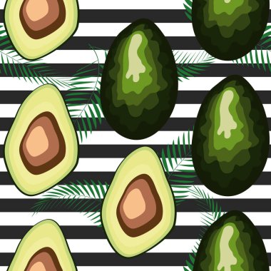 Avokado dikişsiz desen. Çizgili arka planda olgun sebzeler. Sağlıklı gıda baskı.