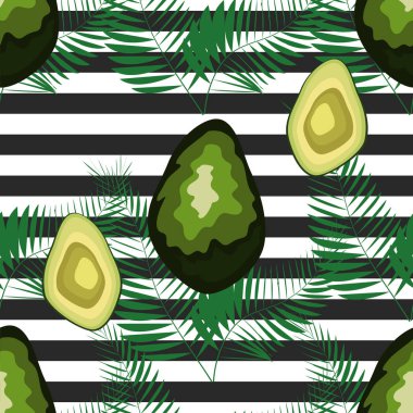 Çizgili bir arka plan üzerinde palmiye yaprakları ile avokado meyve Dikişsiz desen