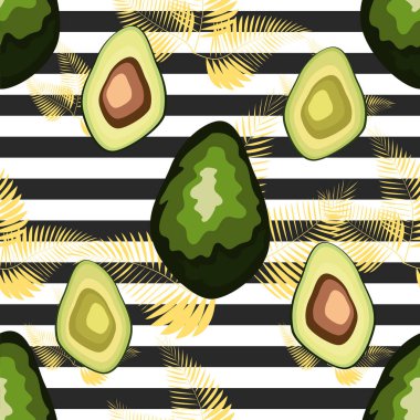 Taze avokado ile dikişsiz desen, el çizilmiş fon. Renkli illüstrasyon, çiğ gıda. Sebzelerle örtüşen arka plan.