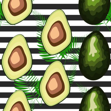Avokado ve palmiye yaprakları ve siyah ve beyaz çizgili, elle çizilmiş ile Dikişsiz desen