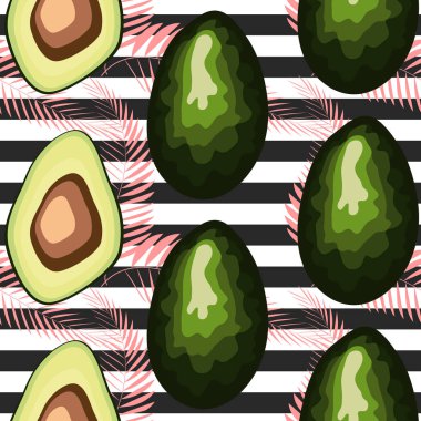 Taze avokado ile dikişsiz desen, el çizilmiş fon. Renkli illüstrasyon, çiğ gıda. Sebzelerle örtüşen arka plan.