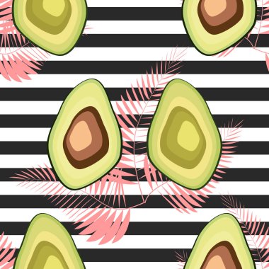 Avokado ile dikişsiz desen. Kaplan çizgileri ve tropikal meyve ve yaprakları ile Dikişsiz desen.