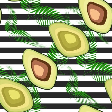 Kaplan çizgileri ve tropikal meyve ve yaprakları ile dikişsiz desen. Avokado ile Desen.