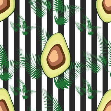 Avokado ve palmiye yaprakları ve siyah ve beyaz çizgili, elle çizilmiş ile Dikişsiz desen