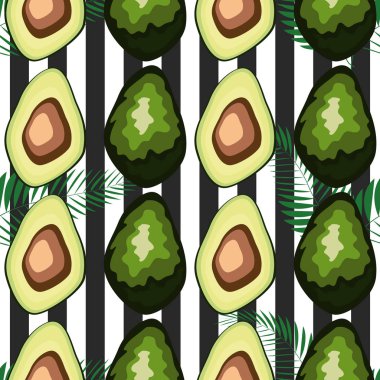 Avokado ve palmiye yaprakları ve siyah ve beyaz çizgili, elle çizilmiş ile Dikişsiz desen