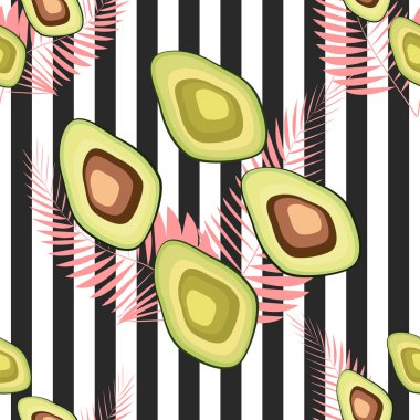 Kaplan çizgileri ve tropikal meyve ve yaprakları ile dikişsiz desen. Avokado ile Desen