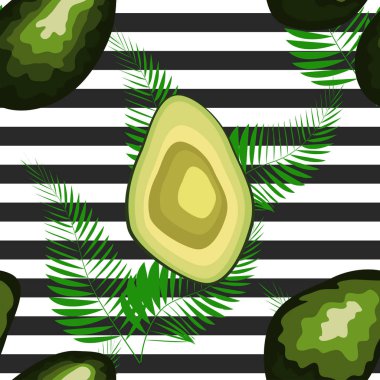Kaplan çizgileri ve tropikal meyve ve yaprakları ile dikişsiz desen. Avokado ile Desen.