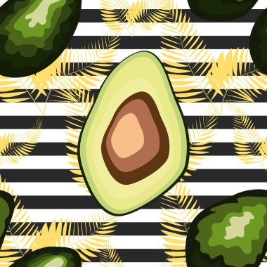 Avokado dikişsiz desen. Çizgili arka planda olgun sebzeler. Sağlıklı gıda baskı.