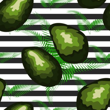Kaplan çizgileri ve tropikal meyve ve yaprakları ile dikişsiz desen. Avokado ile Desen