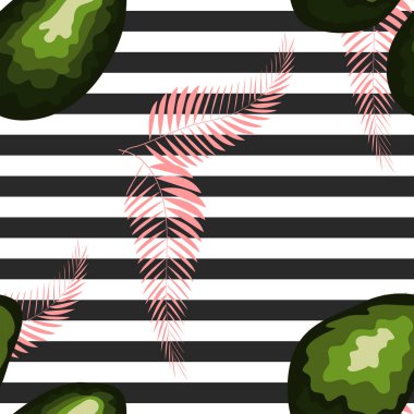 Avokado ve palmiye yaprakları ve siyah ve beyaz çizgili, elle çizilmiş ile Dikişsiz desen