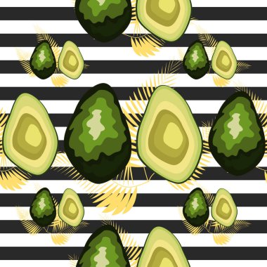 Kaplan çizgileri ve tropikal meyve ve yaprakları ile dikişsiz desen. Avokado ile Desen.