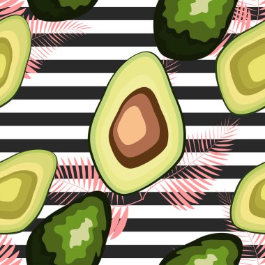 Kaplan çizgileri ve tropikal meyve ve yaprakları ile dikişsiz desen. Avokado ile Desen