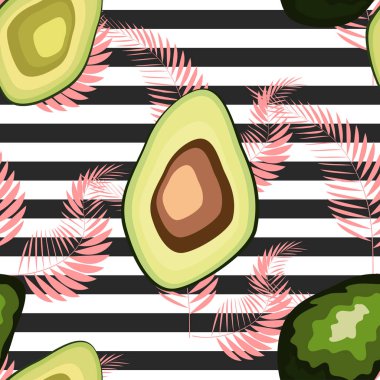 Avokado ve palmiye yaprakları ve siyah ve beyaz çizgili, elle çizilmiş ile Dikişsiz desen