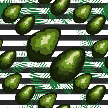 Avokado dikişsiz desen. Çizgili arka planda olgun sebzeler. Sağlıklı gıda baskı.