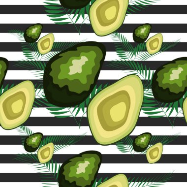 Kaplan çizgileri ve tropikal meyve ve yaprakları ile dikişsiz desen. Avokado ile Desen.