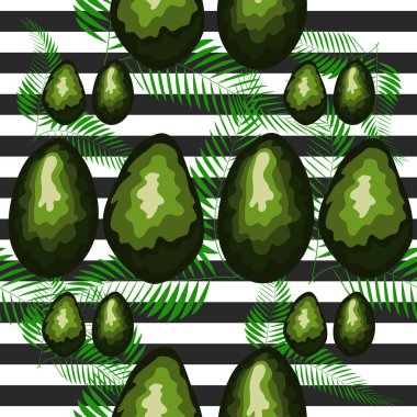 Avokado ve palmiye yaprakları ve siyah ve beyaz çizgili, elle çizilmiş ile Dikişsiz desen