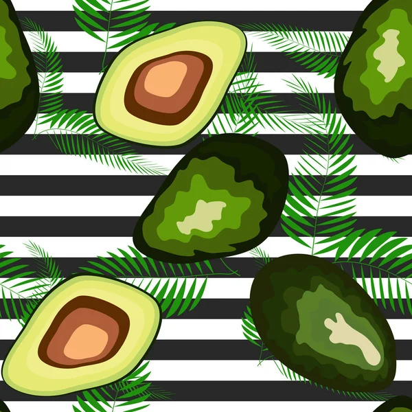 Modello senza cuciture di frutti di avocado con foglie di palma su uno sfondo a strisce — Vettoriale Stock