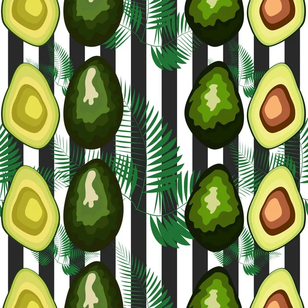 Çizgili bir arka plan üzerinde palmiye yaprakları ile avokado meyve Dikişsiz desen.