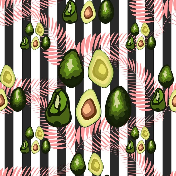 Nahtloses Muster aus Avocadofrüchten mit gestreiftem Hintergrund. Bio-vegetarische Avocado nahtlos wiederholt Muster - flache Stil Illustration — Stockvektor