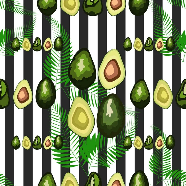 Nahtloses Muster aus Avocadofrüchten mit gestreiftem Hintergrund. Bio-vegetarische Avocado nahtlos wiederholt Muster - flache Stil Illustration — Stockvektor