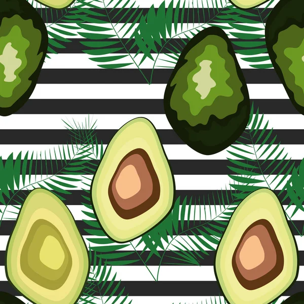 Çizgili bir arka plan üzerinde palmiye yaprakları ile avokado meyve Dikişsiz desen