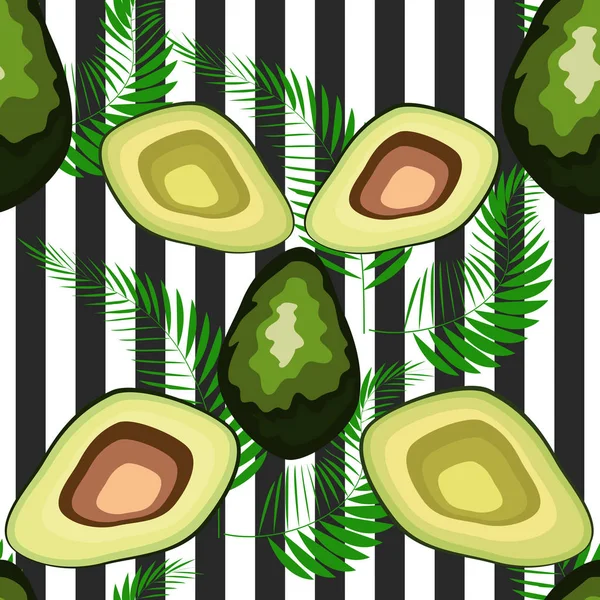 Kaplan çizgileri ve tropikal yaprakları ile dikişsiz desen. Avokado ile Desen