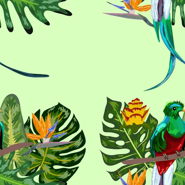 Padrão sem costura de espécies ameaçadas de aves Quetzal magnífico resplandecente sentado em um ramo contra o pano de fundo de uma folhagem tropical e flores, design — Vetor de Stock