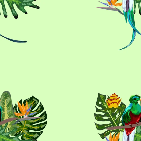 Nesli tükenmekte olan kuş türlerinin kusursuz deseni Muhteşem görkemli quetzal tropikal bir yeşillik ve çiçek, tasarım fonuna karşı bir dal üzerinde oturan — Stok Vektör