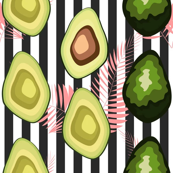 Avokado dikişsiz desen. Çizgili arka planda olgun sebzeler. Sağlıklı gıda baskı.