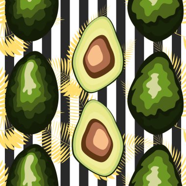 Kaplan çizgileri ve tropikal meyve ve yaprakları ile dikişsiz desen. Avokado ile Desen.