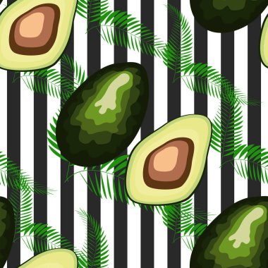 Avokado dikişsiz desen. Çizgili arka planda olgun sebzeler. Sağlıklı gıda baskı.