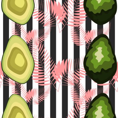 Kaplan çizgileri ve tropikal meyve ve yaprakları ile dikişsiz desen. Avokado ile Desen