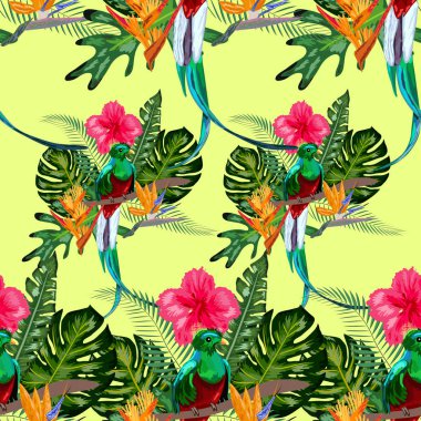 Nesli tükenmekte olan kuş türlerinin kusursuz deseni Muhteşem görkemli quetzal tropikal bir yeşillik ve çiçek, tasarım fonuna karşı bir dal üzerinde oturan