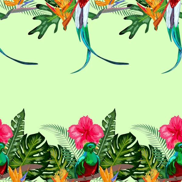 Padrão sem costura de espécies ameaçadas de aves Quetzal magnífico resplandecente sentado em um ramo contra o pano de fundo de uma folhagem tropical e flores, design — Vetor de Stock
