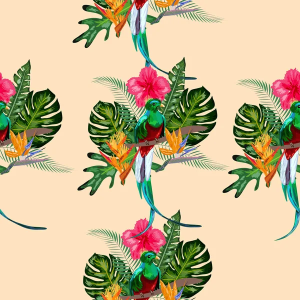 Bezproblémový model ohrožených druhů ptáků velkolepý, úchvatný Kvesal, sedící na větvi na pozadí tropického listí a květin, design — Stockový vektor
