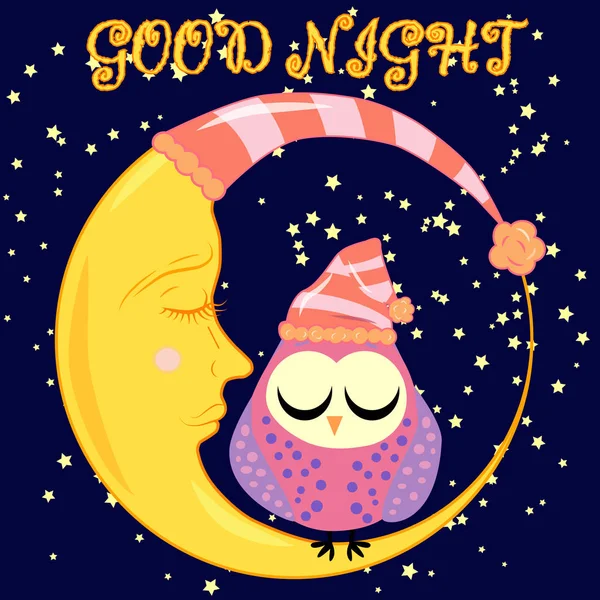 Dobrej nocy karty ze spaniem księżyc i ładny sowa. — Wektor stockowy