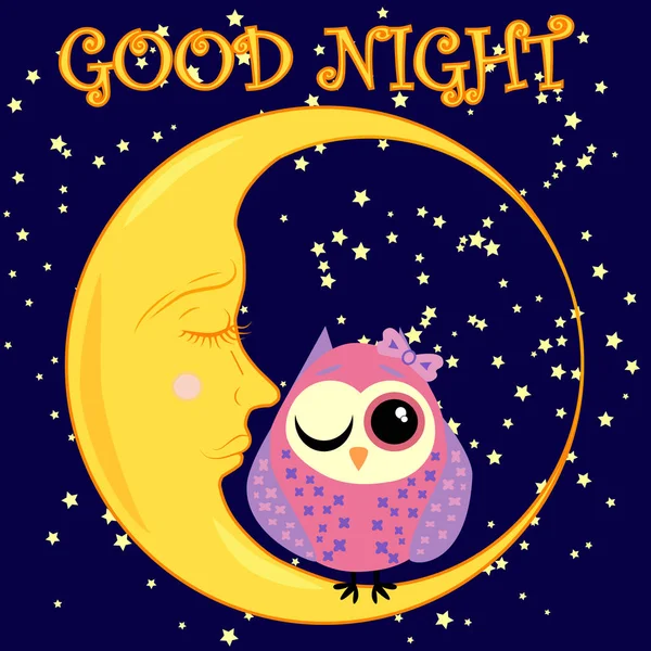 Tarjeta de buenas noches con luna dormida y búho lindo . — Vector de stock