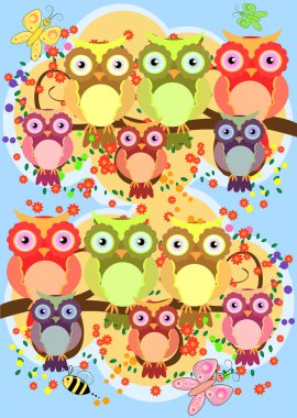 Parlak, çizgi film, sevimli, renkli baykuşlar bir çiçekli ağaç dalı, veliler bir aile,