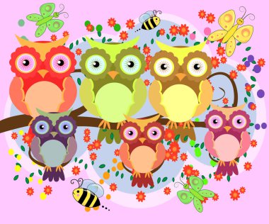 Parlak, çizgi film, sevimli, renkli baykuşlar bir çiçekli ağaç dalı, veliler bir aile,