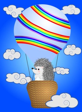 Sevimli bir küçük kirpi karikatürler, beyaz bulutlar ortasında gökyüzünde bir sepet ile büyük bir hantal balon içine uçar